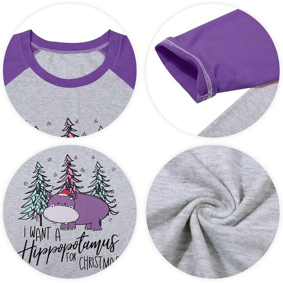 Women’s Christmas Hippopotamus T-Shirt Plus Size Long Sleeve Cute Holiday Wear - Picture 4 of 5